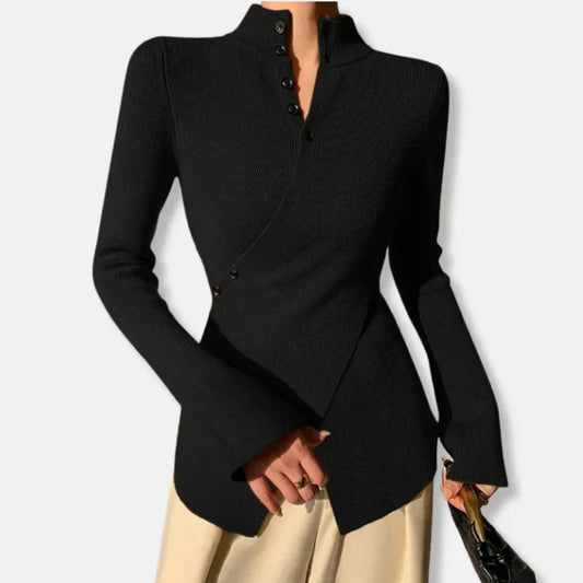 Fiona – slim fit strickpullover mit hohem kragen und knopfdetails