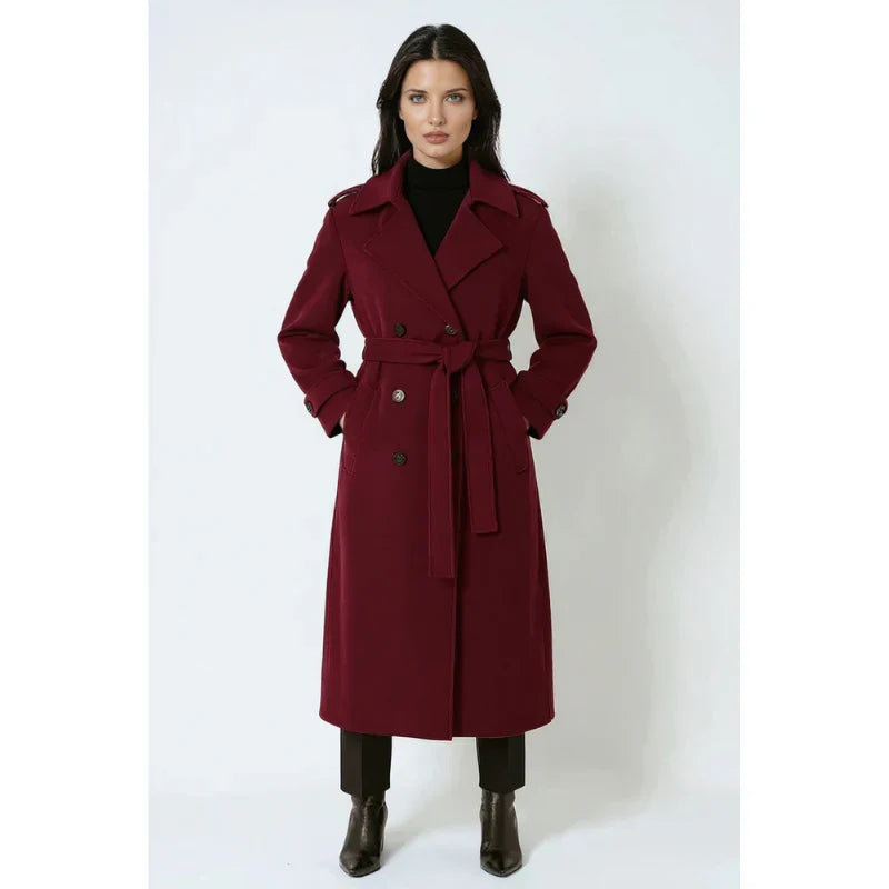 Serena damen winterjacke in burgunderrot mit gürtel