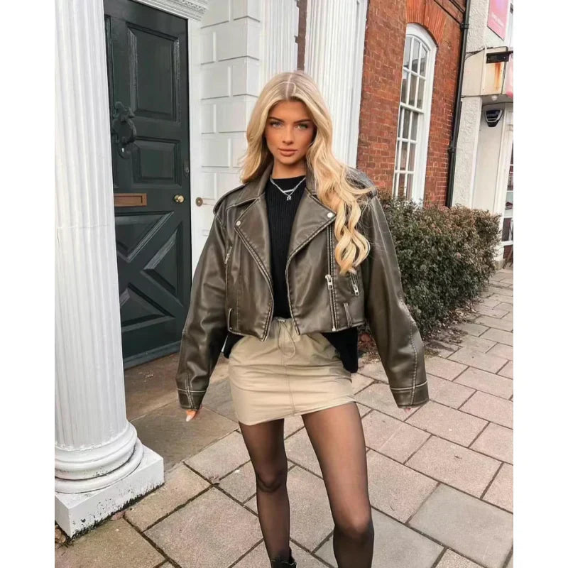 Vegane damen bikerjacke mit gürtel und reißverschluss