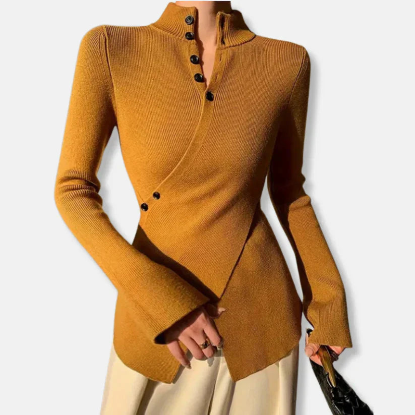 Fiona – slim fit strickpullover mit hohem kragen und knopfdetails