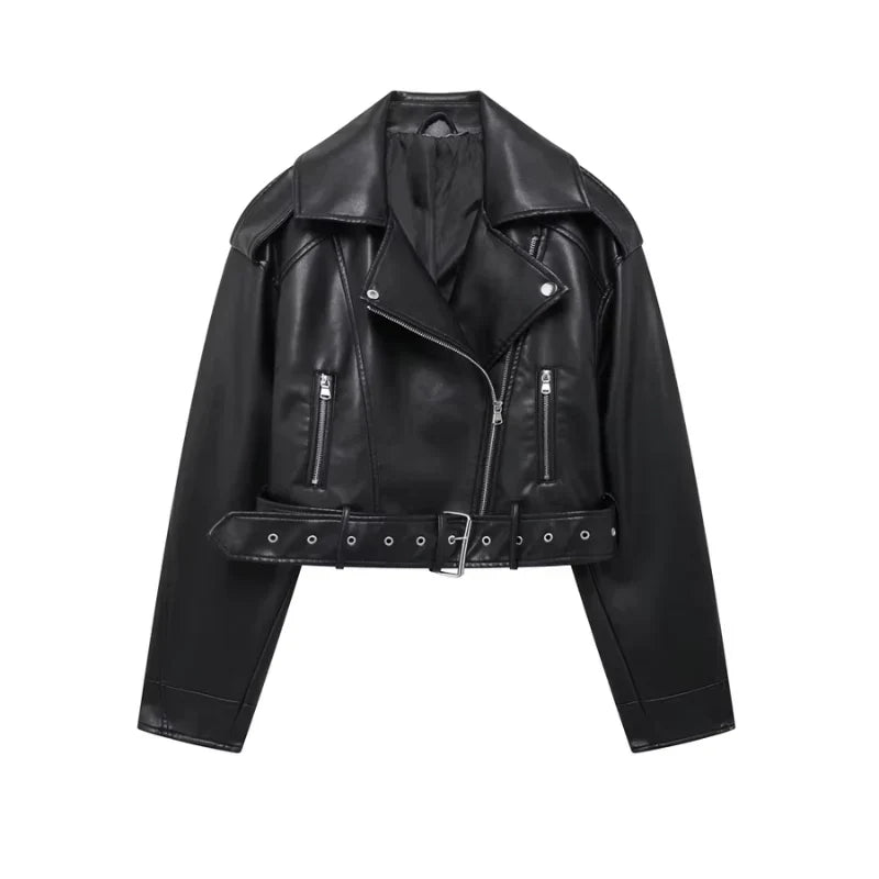 Vegane damen bikerjacke mit gürtel und reißverschluss