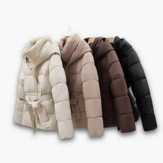 Damen winterjacke mit kapuze und gürtel leicht wattiert