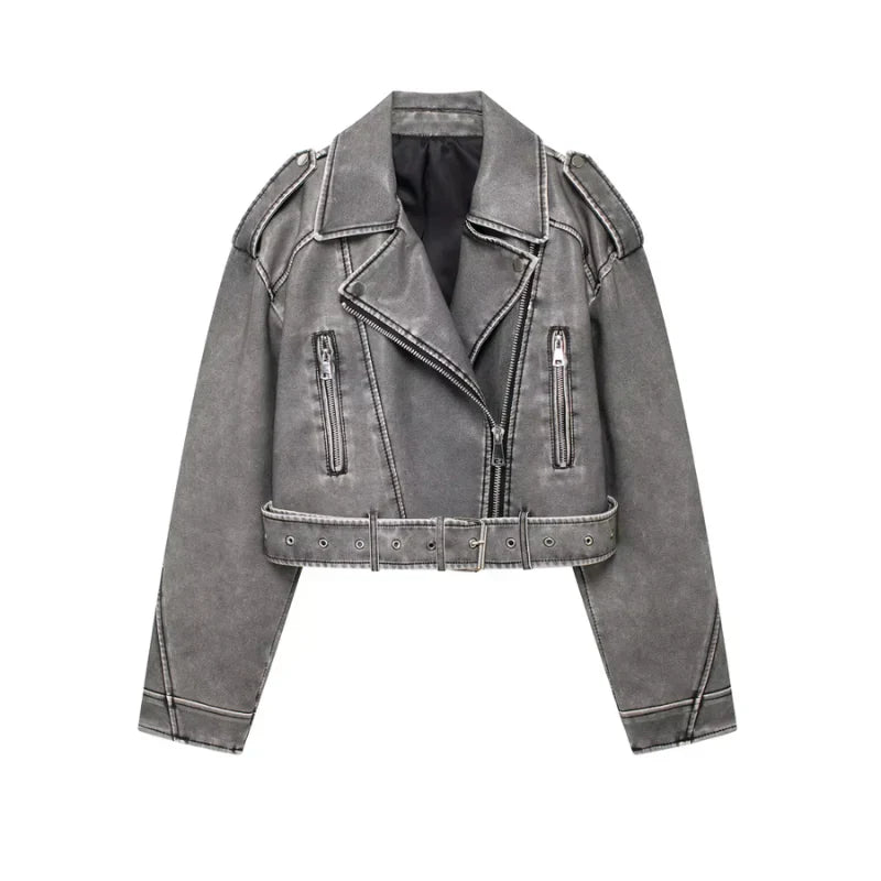 Vegane damen bikerjacke mit gürtel und reißverschluss