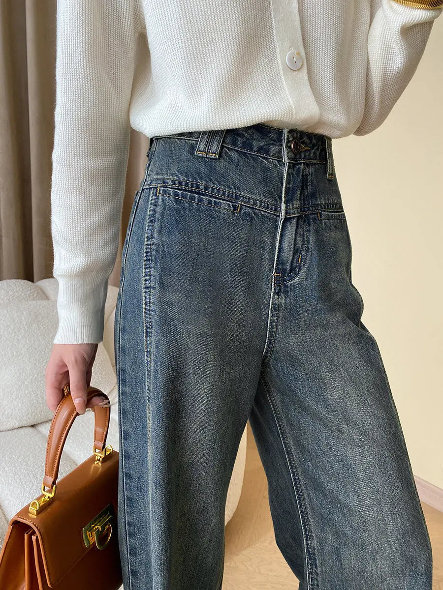 Vintage-jeans aus denim mit weitem bein und knopfleiste – damen