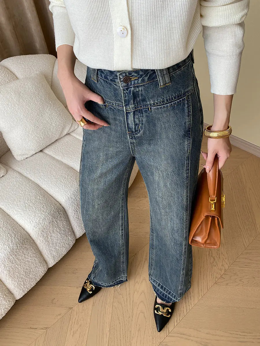 Vintage-jeans aus denim mit weitem bein und knopfleiste – damen