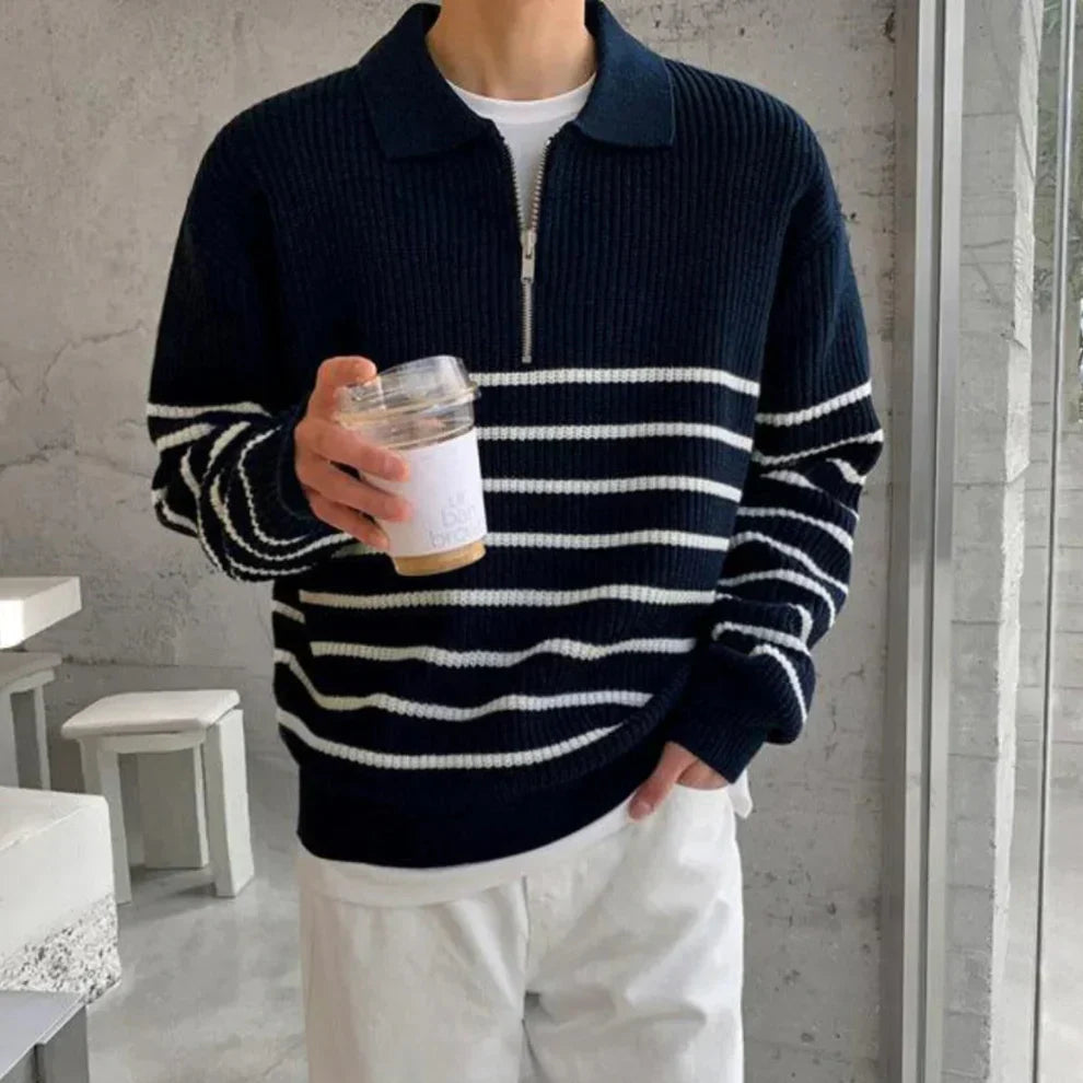 Gestreifter herren-pullover mit viertelreißverschluss – herren