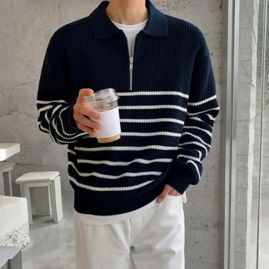 Gestreifter herren-pullover mit viertelreißverschluss – herren