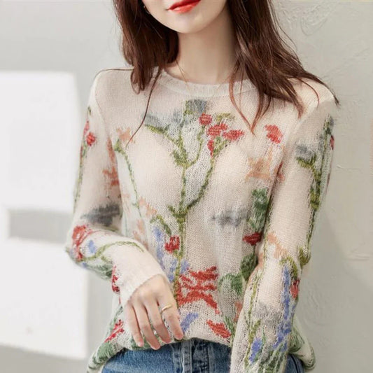 Damen-strickpullover mit blumenmuster und rundhalsausschnitt - damen
