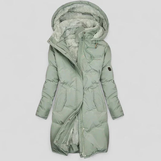 Lange damen-steppjacke mit kapuze – damen