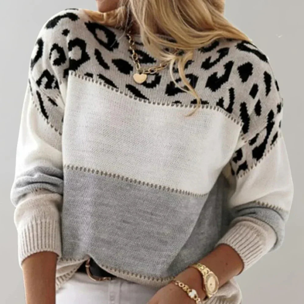 Damen-pullover mit leopardenmuster und farbblock-design – damen