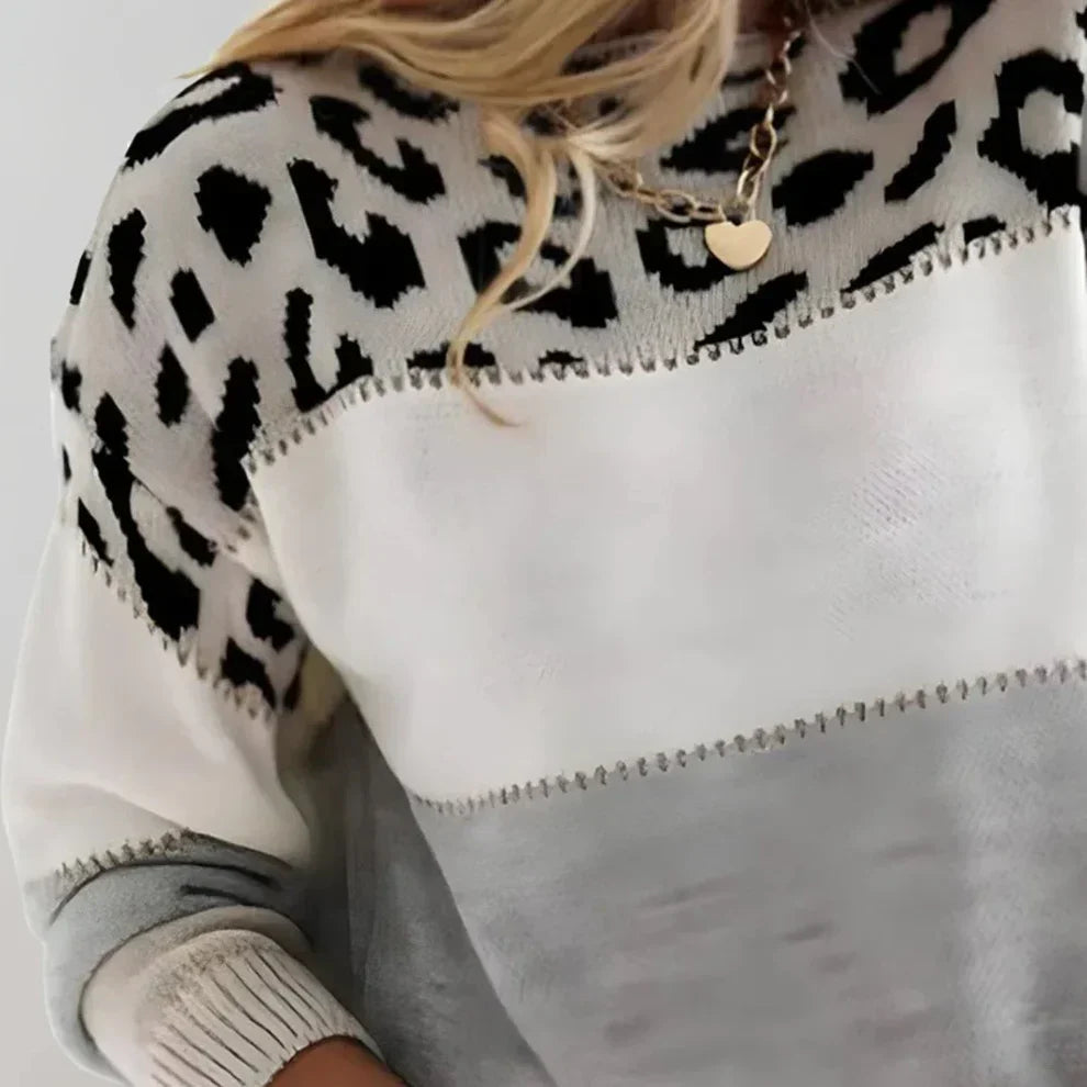 Damen-pullover mit leopardenmuster und farbblock-design – damen