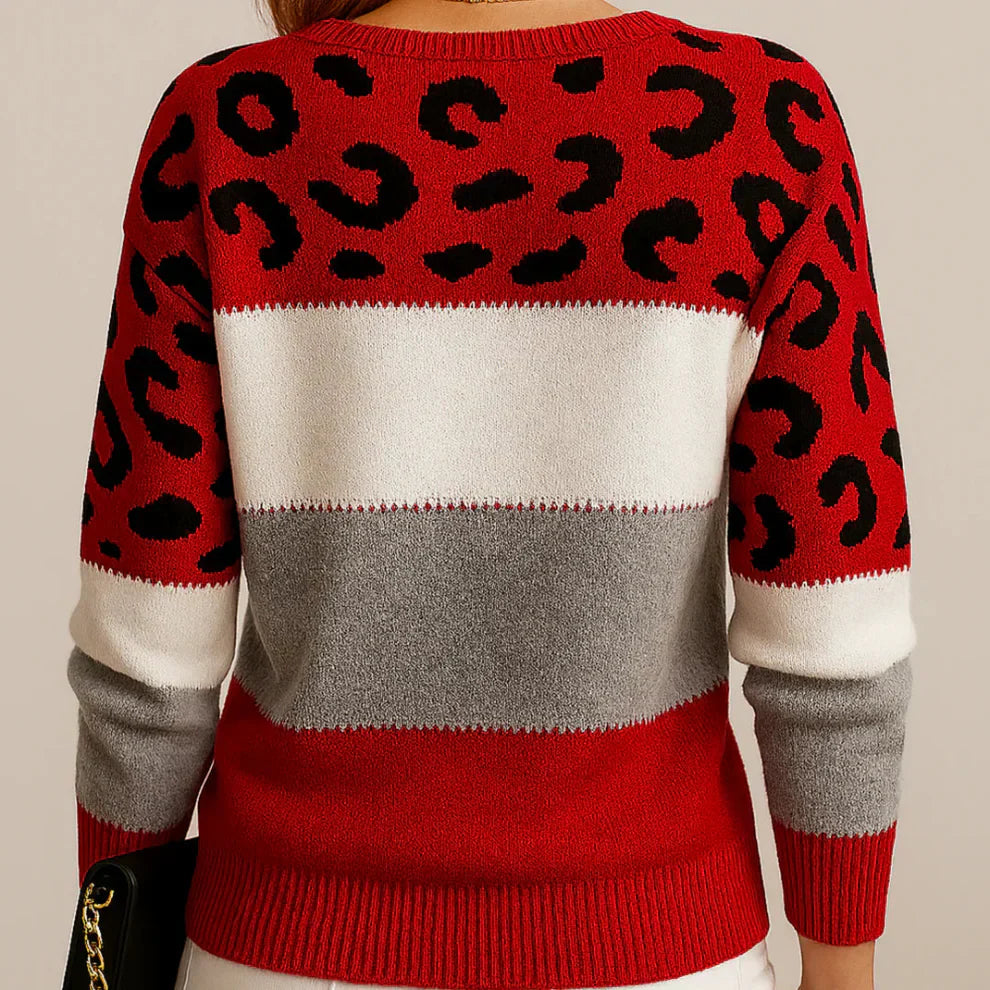 Damen-pullover mit leopardenmuster und farbblock-design – damen