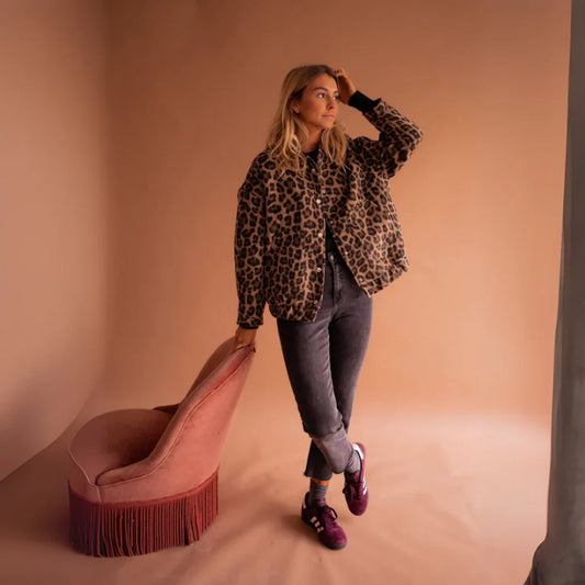 Oversized fleecejacke mit leopardenmuster für damen