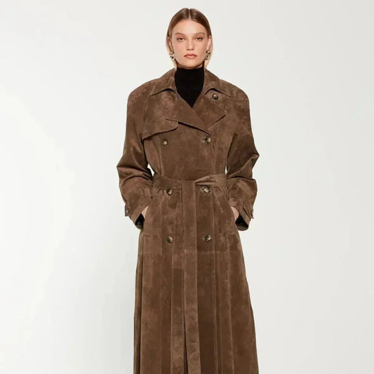 Eleganter, klassischer trenchcoat aus wildleder für damen
