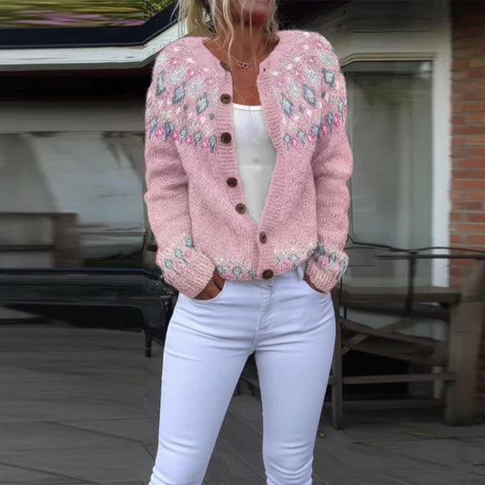 Gemusterte winterstrickjacke für damen mit knöpfen – damen