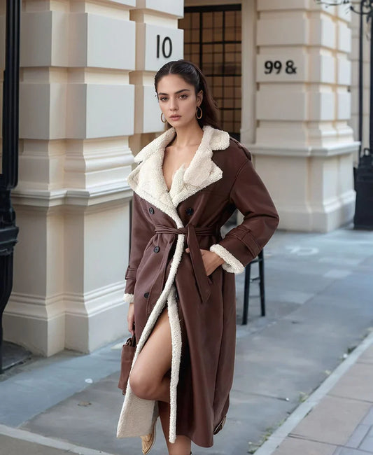 Klassischer, langer damenmantel mit fleecefutter und teddykragen – damen